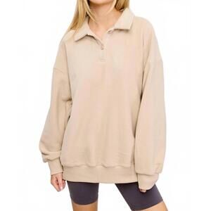 NEW MIMOSA teddy velour buttoned collar pullover knit sweater in beige
